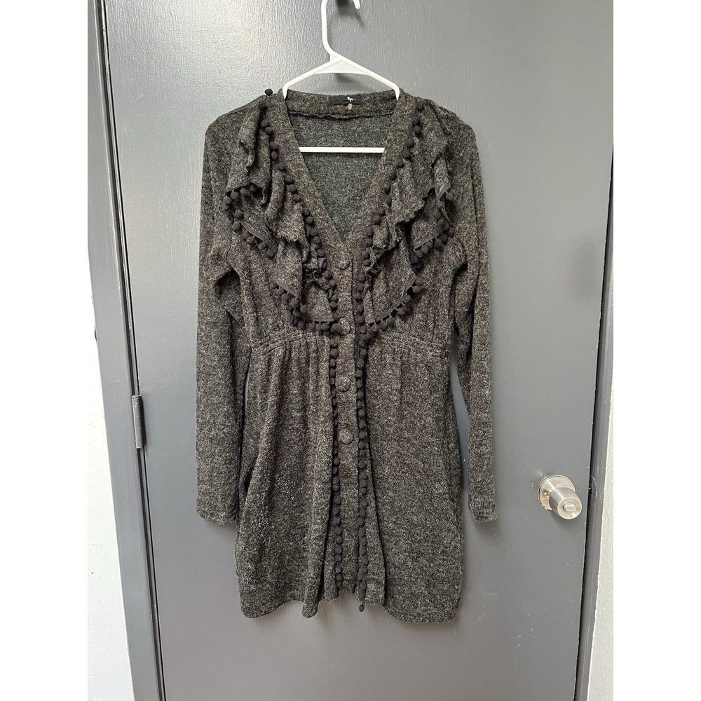 Ryu Anthropologie Cardigan Women's Sz M Button Front Black Ruffle Knit